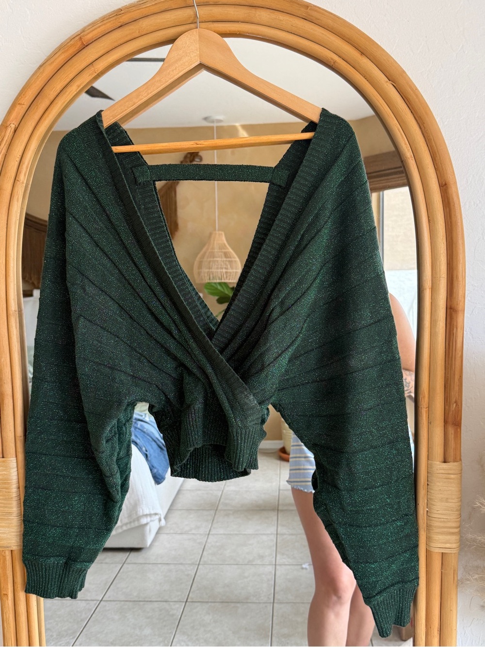 Vici Deep Green Shimmery Off-Shoulder Wrap Sweater